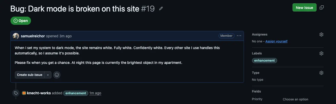 A new issue on GitHub that Knecht labeled as enhancement a minute after it was opened