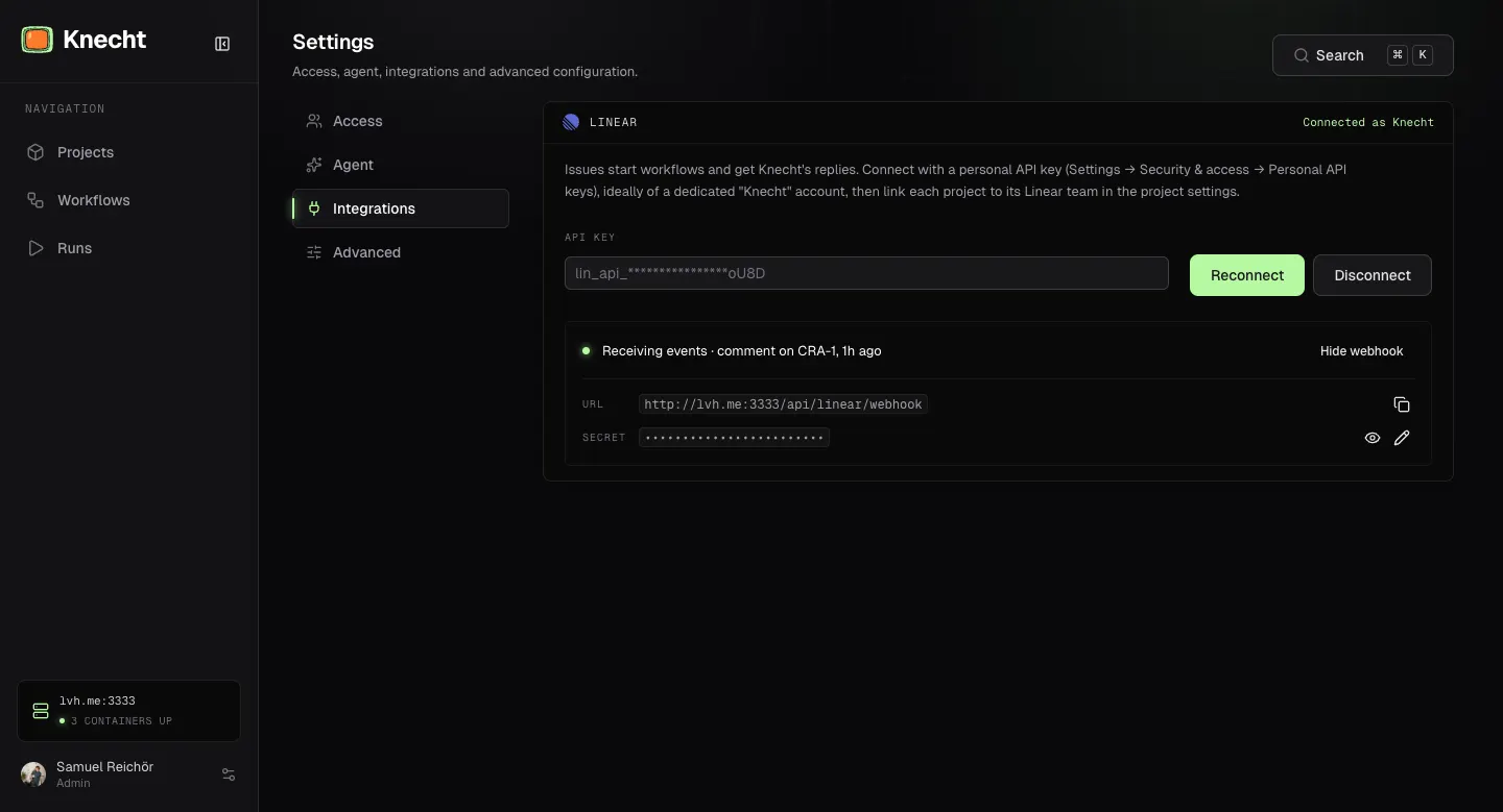 The Linear panel under Settings, Integrations, connected to an account, with the API key field, and the webhook URL and secret below