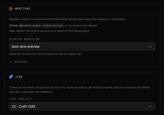 The Jira panel in the project settings, with the Jira project field set to a project