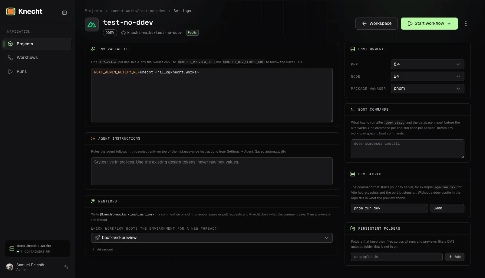 Projekt-Settings eines Nuxt-Repos ohne DDEV-Config: die Karte "Environment" mit PHP 8.4, Node 24 und pnpm, darunter die Boot Commands und die Karte "Dev Server" mit Befehl und Port