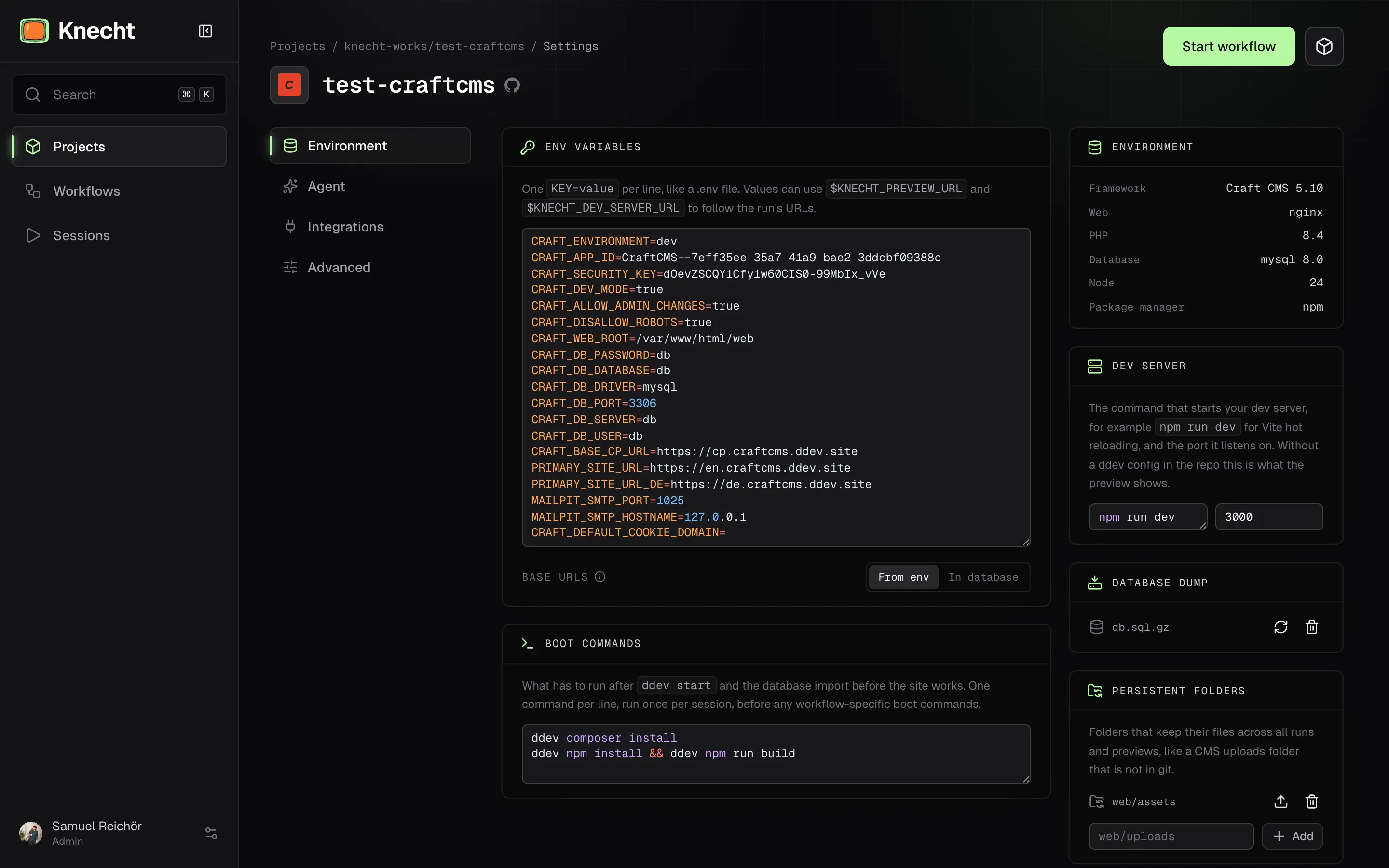 The project settings page, with panels for env variables, agent instructions, environment, boot commands, dev server, and database dump