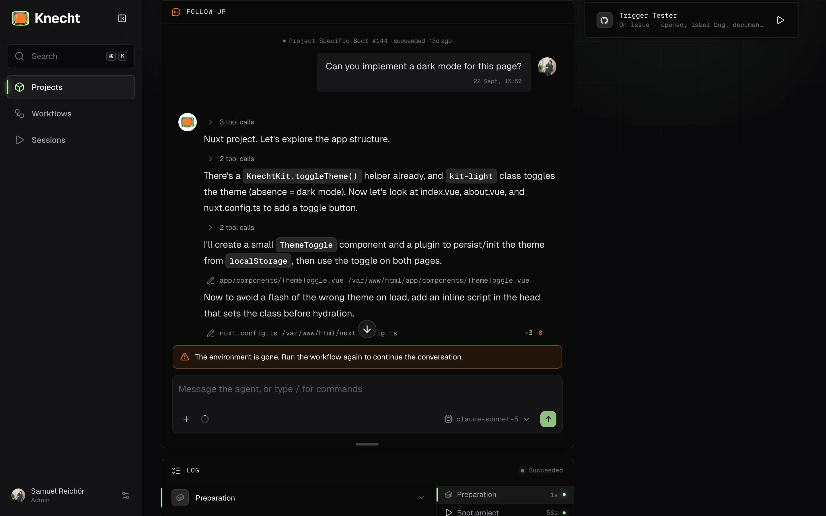 The follow-up panel on the run page, with a request to add a dark mode, the agent's reply with its collapsed tool calls, and the input field for the next message with the model picker