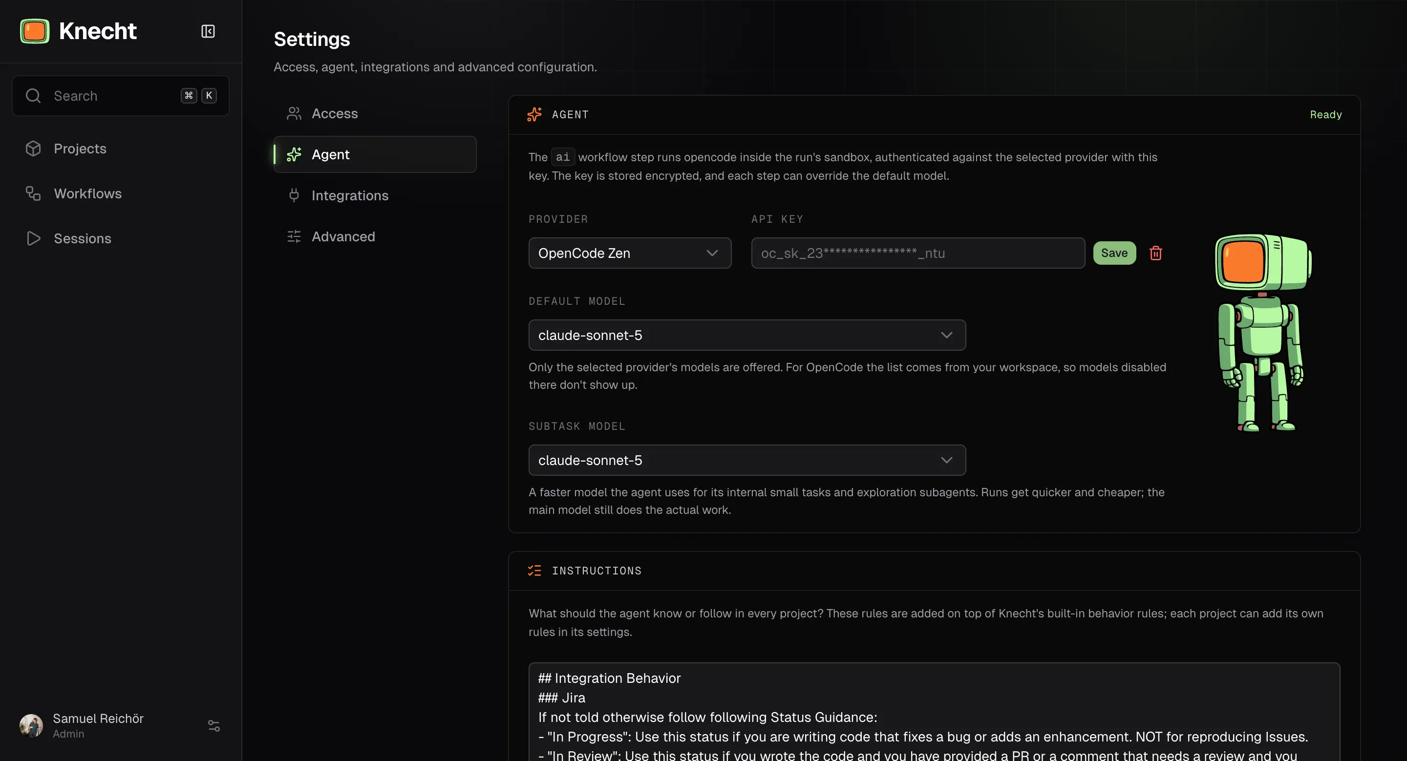 The Agent page under Settings, with the provider, API key, and default and subtask model fields