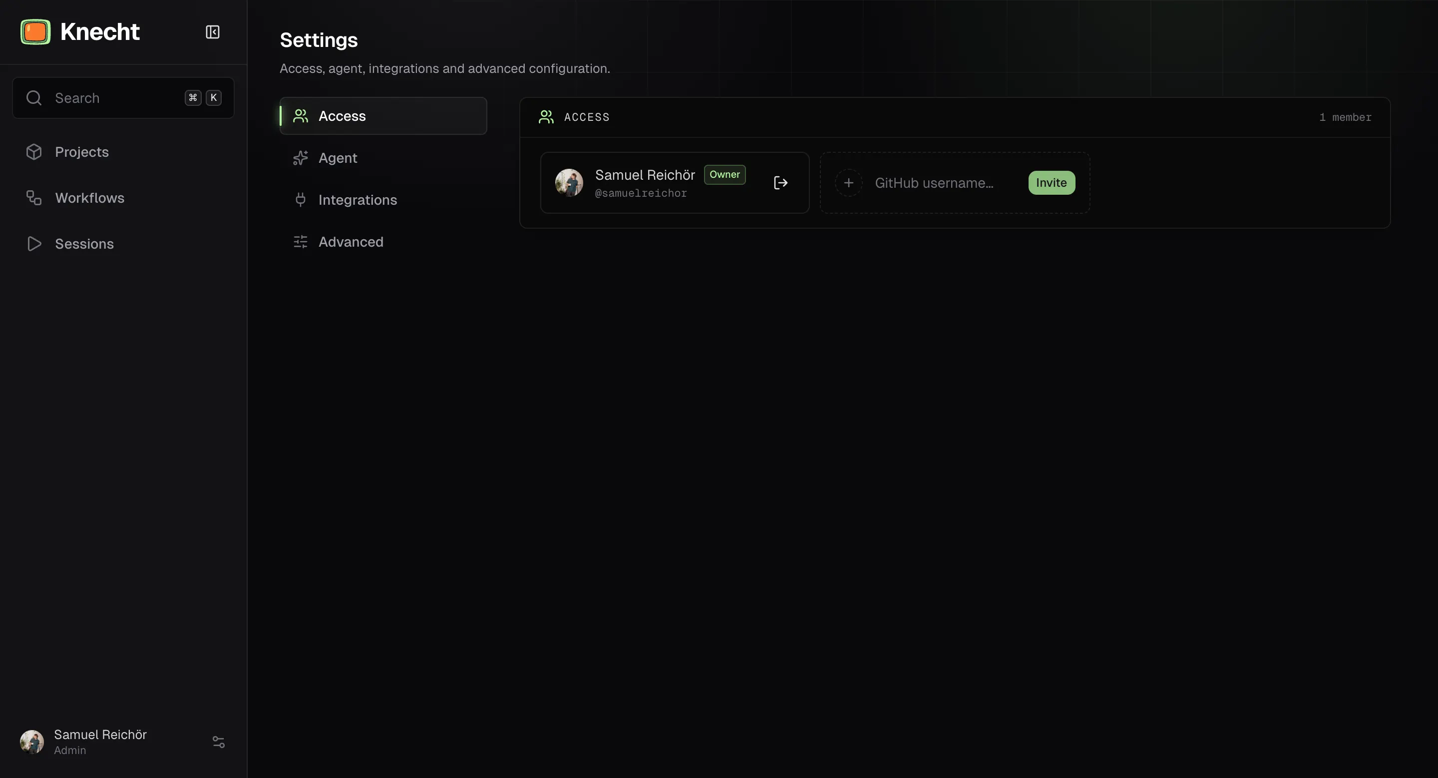 The Access page under Settings, with the current members and an invite field for a new GitHub username