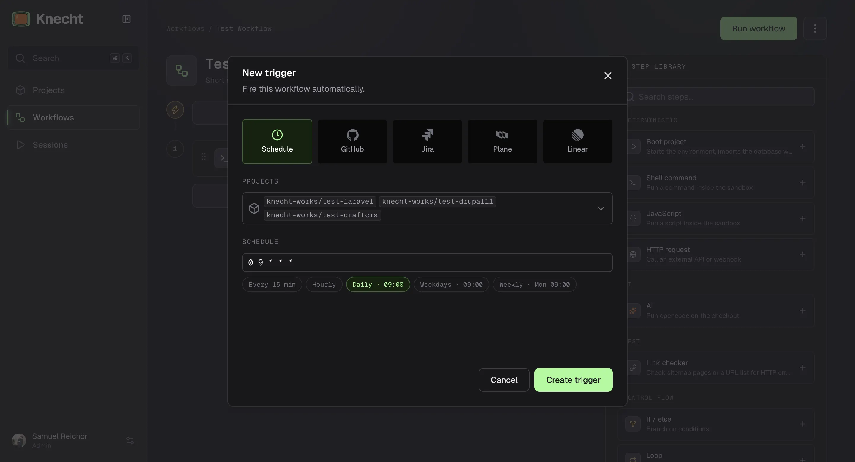 The trigger dialog with Schedule selected as source, three projects as chips, the cron expression for daily at 09:00, and the presets below the field