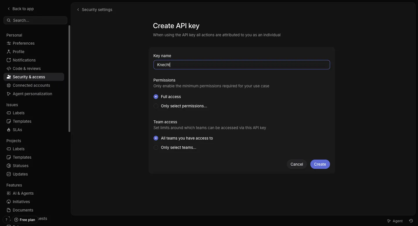 The Create API key form in the Linear security settings, with the key name Knecht, Full access, and All teams you have access to selected