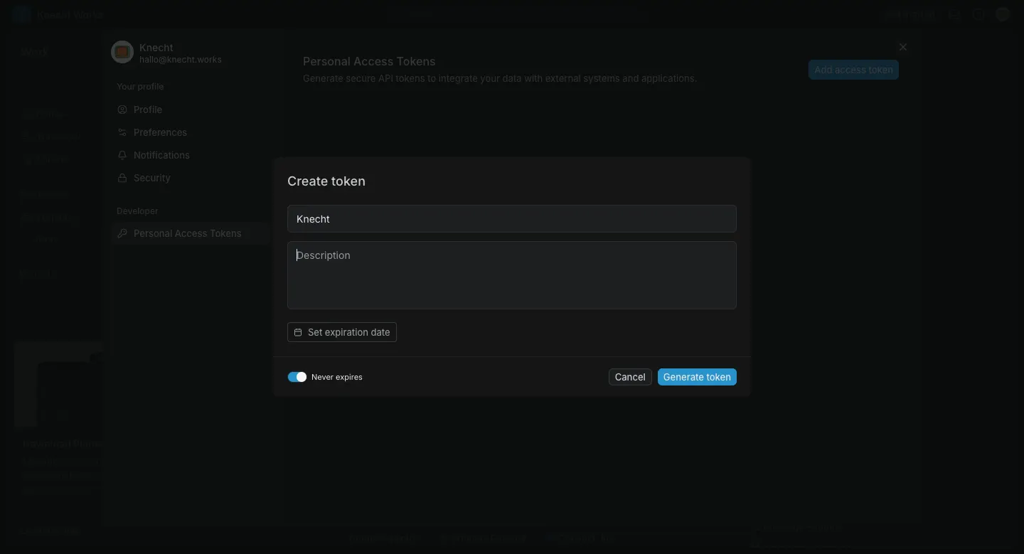 The Create token dialog in the Plane profile settings, with the title Knecht and Never expires switched on
