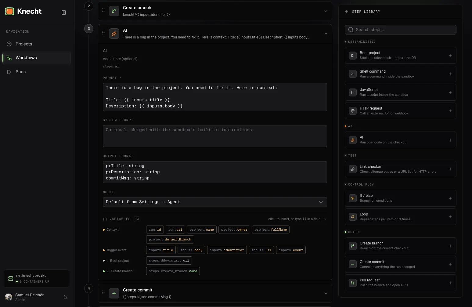 Die AI-Action mit Prompt, festem Output-Format und den verfügbaren Variablen