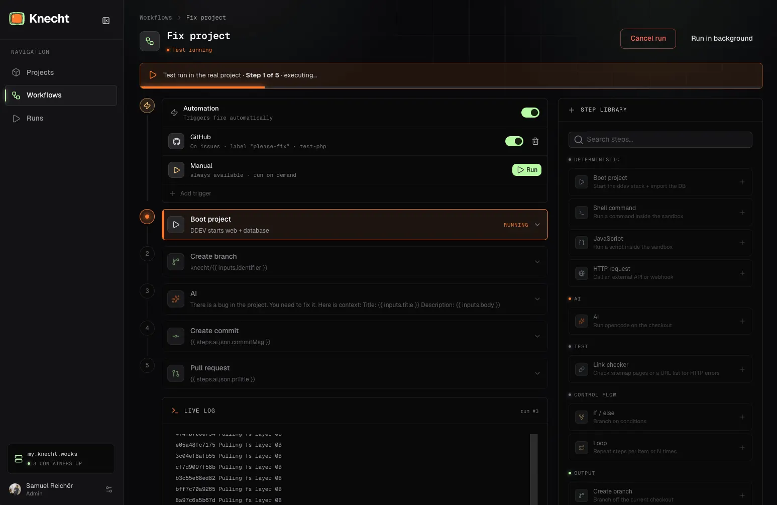Ein Test-Run direkt im Editor, mit Live-Log und laufendem Schritt